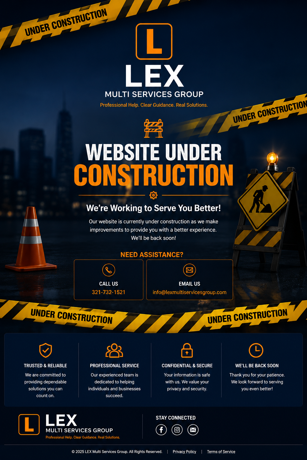 LEX Multi Services Group website under construction. We are working to serve you better. Call 321-732-1521 for assistance.